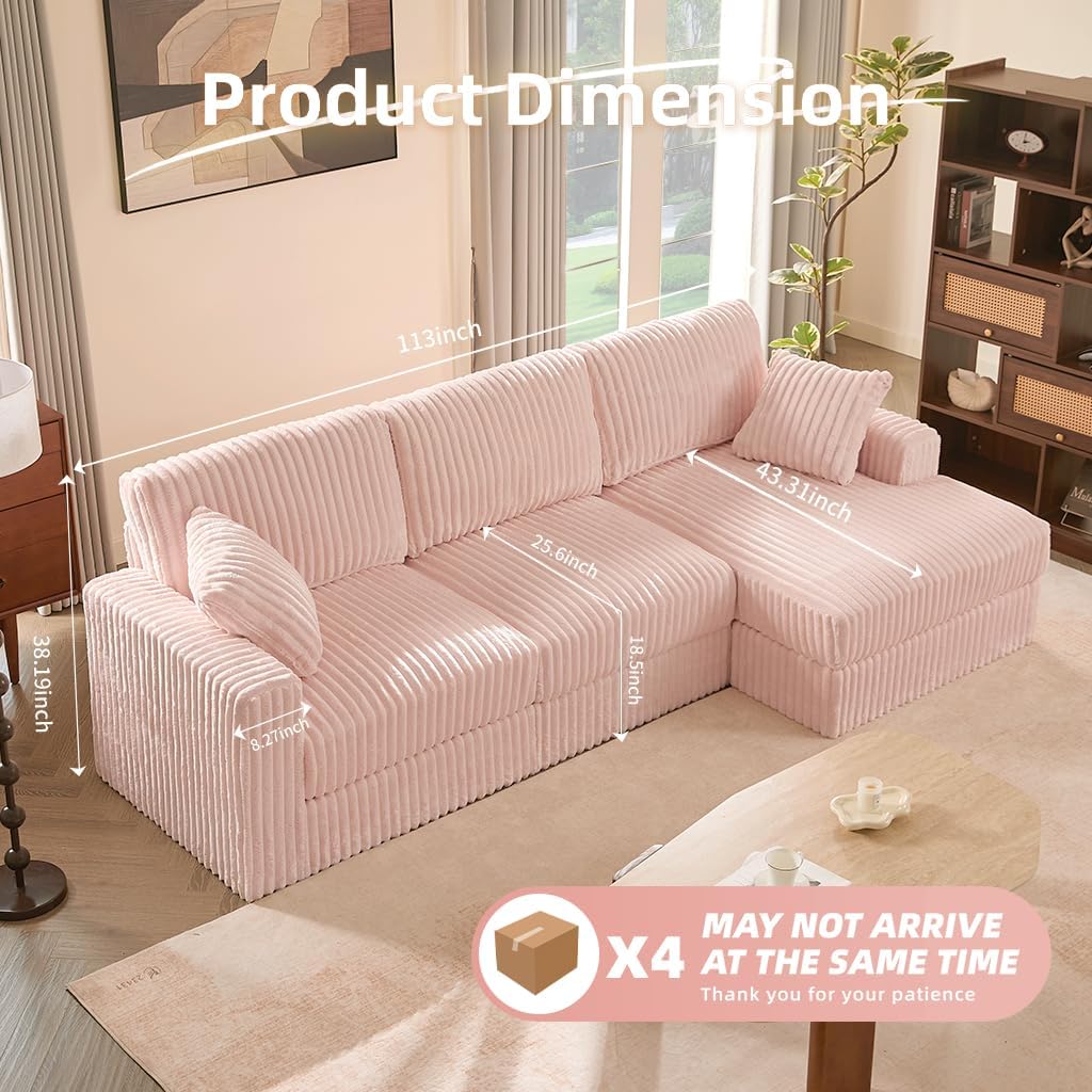 GOSUHI 113" L-Shaped Cloud Couch, Modular Sectional, Deep Seats, Pink | Pocket Spring Cushions, Oversized 3-Seater, Right Facing Chaise, Corduroy Upholstery Couches for Living Room
