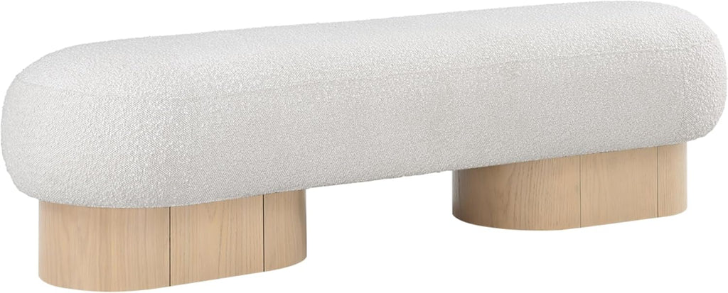 Meridian Furniture 22001Cream Robertson Collection Art Deco Bench with Luxurious Cream Boucle Fabric and Rich Natural Oak Finish, 60.5" W x 18" D x 16" H, Cream