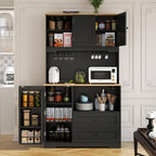 68"Tall Kitchen Pantry Storage Cabinet with Charging Station, Door & Shelf | Upgrade Pantry Cabinet with Wine & Glass Holder, Kitchen Hutch Cabinet with Microwave Stand, for Kitchen (Black)