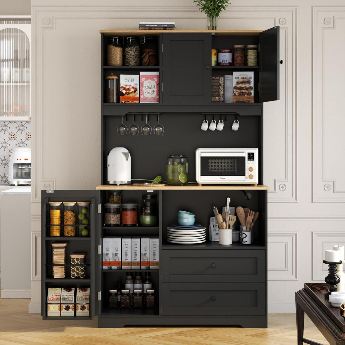 68"Tall Kitchen Pantry Storage Cabinet with Charging Station, Door & Shelf | Upgrade Pantry Cabinet with Wine & Glass Holder, Kitchen Hutch Cabinet with Microwave Stand, for Kitchen (Black)