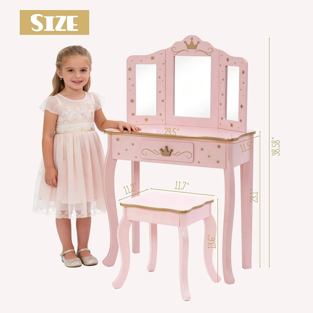 UTEX Pink Crown Princess Kids Vanity Set with Drawer for Little Girls | Wooden Toddler Vanity, Kids Vanity Table and Chair Set, Crown and Star Patterns, Gold Edge Trim, Princess Style