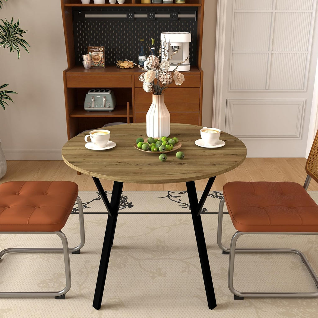 Round Dining Table with Metal Black Legs,35.43 Inch Circle Brown Kitchen Table Modern Dining Room Smal Table for 2-4 People (35.43'')