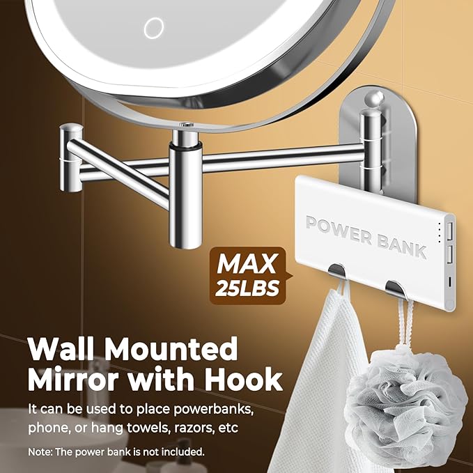 9" Wall Mounted Lighted Makeup Mirror, 3000mAh Rechargeable Double Sided 1X/10X Magnifying Mirror with Hook, 3 Color Lights Dimmable 360° Rotation Vanity Mirror for Bathroom
