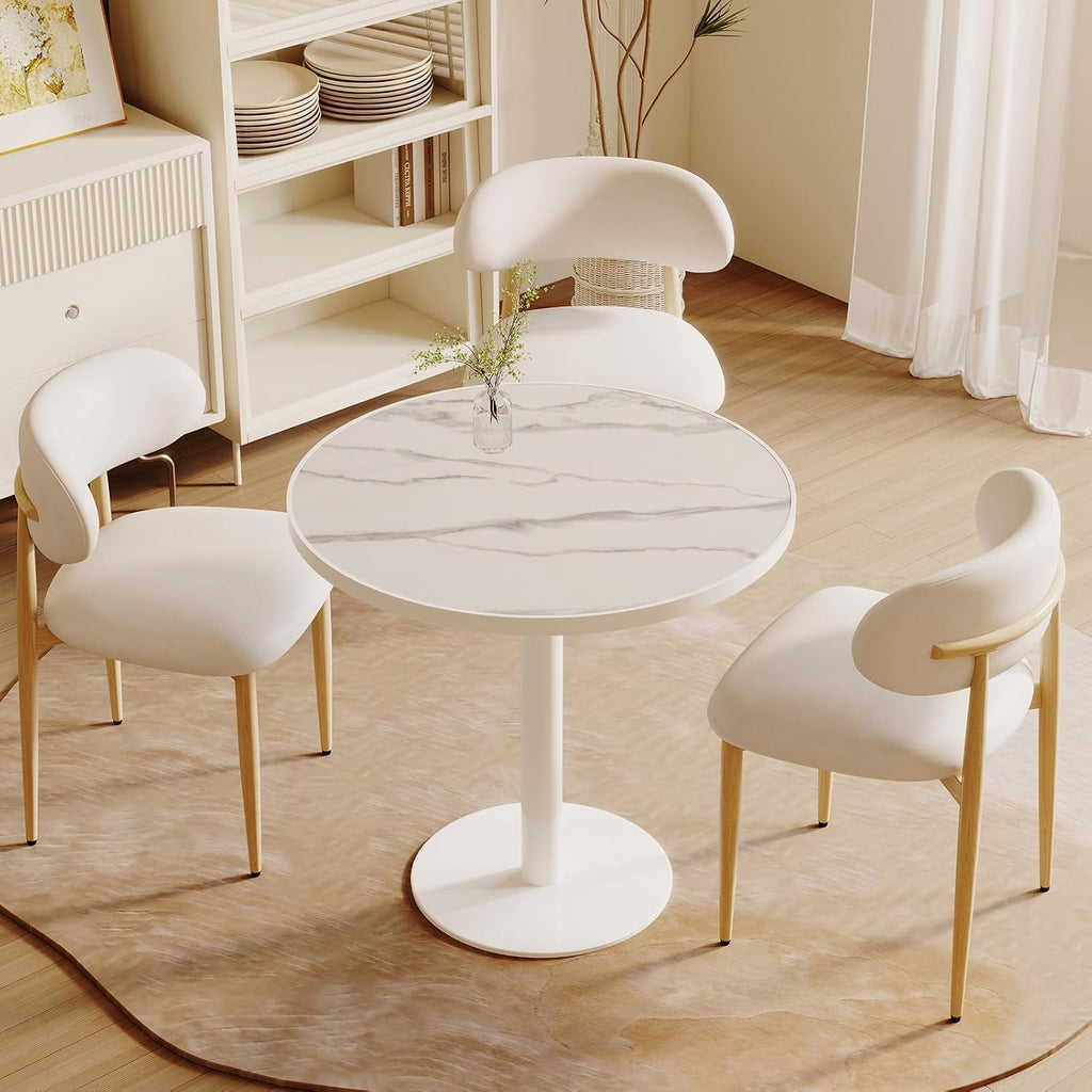 31.5'' Tulip Table, Round Pedestal Dining Table with Sintered Stone Tabletop, White Aluminum Alloy Edge & Base, Bistro Table for 2-4 Person for Kitchen/Cafe/Small Spaces/Restaurant (Snow Peak Marble)