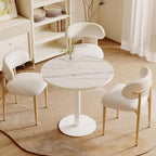31.5'' Tulip Table, Round Pedestal Dining Table with Sintered Stone Tabletop, White Aluminum Alloy Edge & Base, Bistro Table for 2-4 Person for Kitchen/Cafe/Small Spaces/Restaurant (Snow Peak Marble)