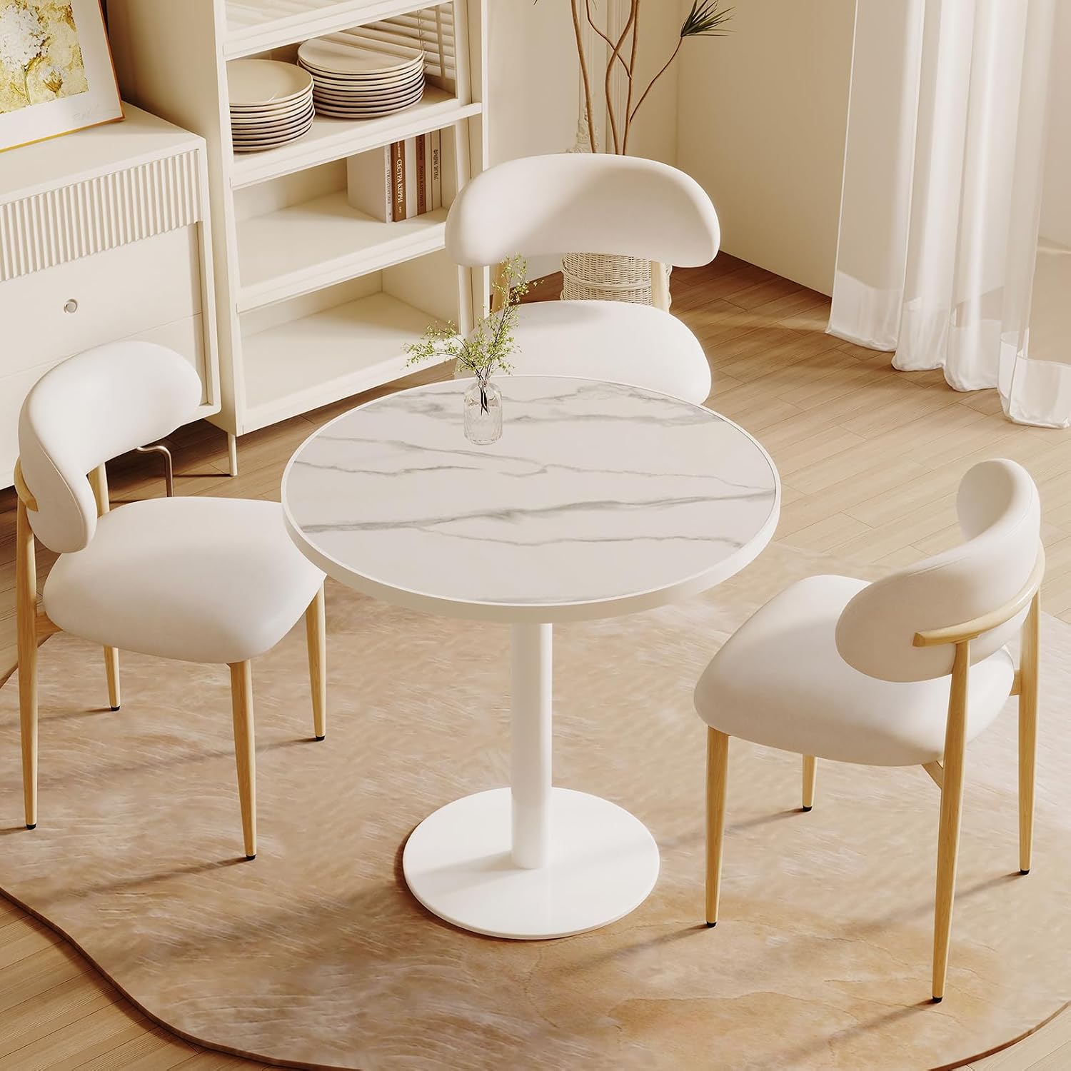 31.5'' Tulip Table, Round Pedestal Dining Table with Sintered Stone Tabletop, White Aluminum Alloy Edge & Base, Bistro Table for 2-4 Person for Kitchen/Cafe/Small Spaces/Restaurant (Snow Peak Marble)