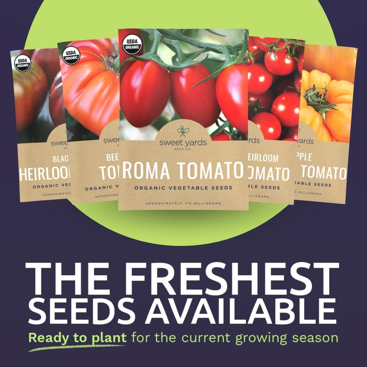 Organic Tomato Seeds Variety Pack - 5 Individual Packs - 2025 Season - Roma, Beefsteak, Cherry, Black Krim & Pineapple. for Indoor & Outdoor Planting (Non-GMO, Certified Organic)