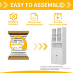 Kitchen Pantry Cabinet with Glass Doors, 72" Metal Storage Cabinet with 4 Adjustable Shelves, Kitchen Pantry with Hooks for Home, Living Room, Assemble Required (White)