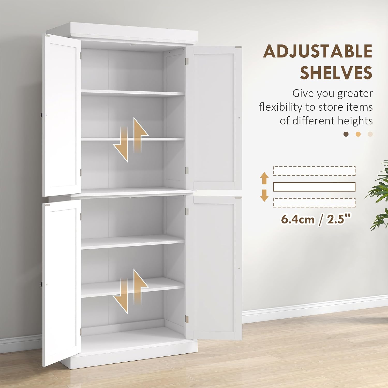 HOMCOM 72.5" Tall Kitchen Pantry Cabinet, Freestanding Modern Farmhouse Kitchen Storage Cabinet with 4 Doors and 2 Adjustable Shelves for Dining Room, White