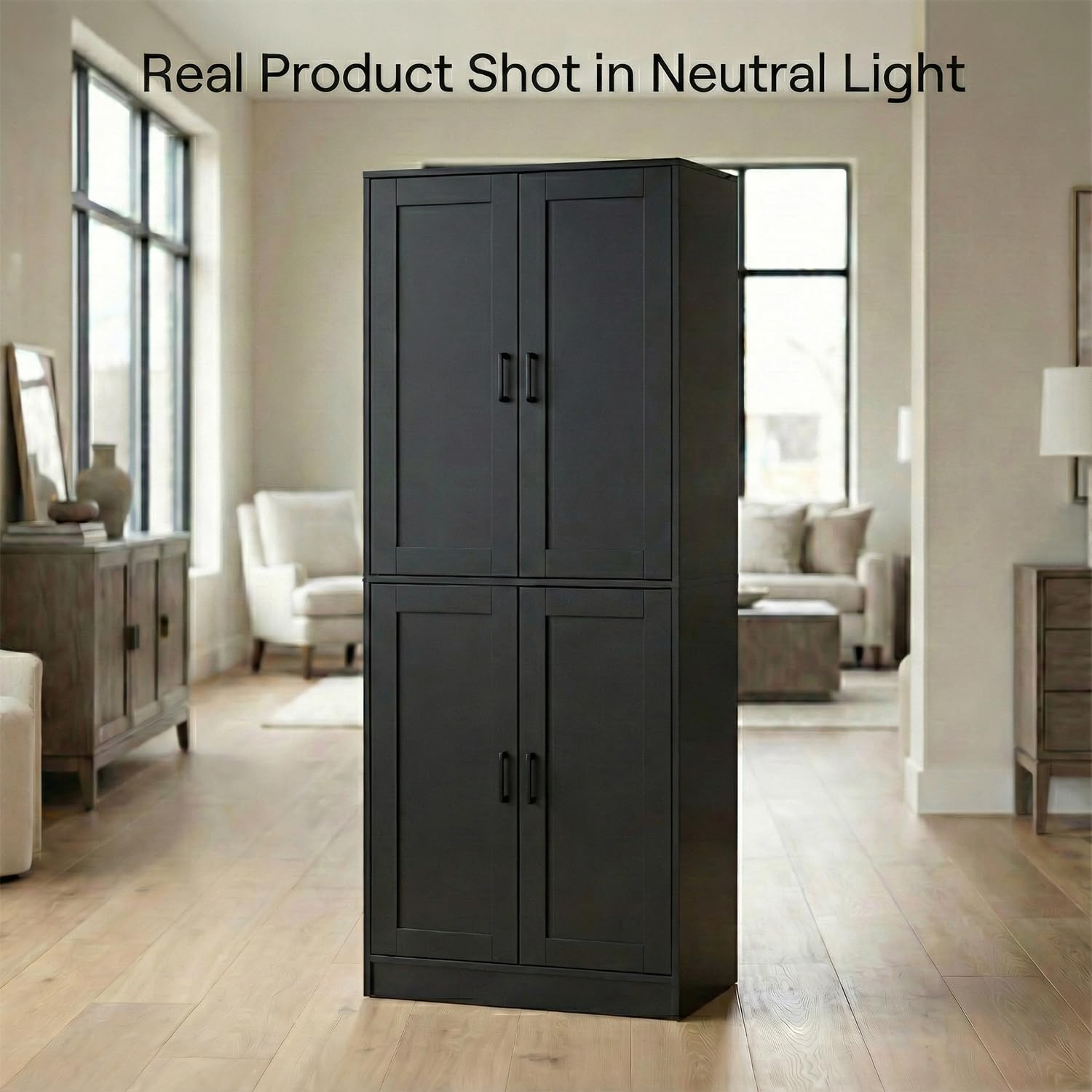 DIYART 71" Tall Kitchen Pantry Cabinet, Freestanding Food Storage Organizer with Doors & Adjustable Shelves, Large Utility Hutch Cupboard for Dining Room, Kitchen & Home Office, Black