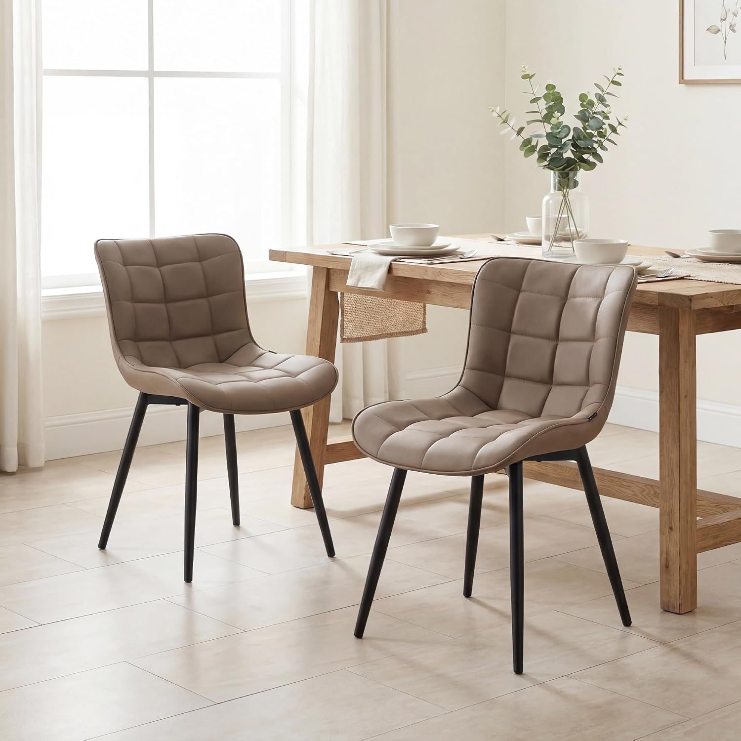YOUTASTE Khaki Dining Chairs Set of 2, Comfy Faux Leather Upholstered Kitchen Chairs with Black Metal Legs, Mid-Century Modern Design, Accent Chair for Dining Room, Bedroom, Reception