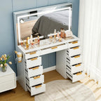 Pamapic Glass Top Vanity Desk with Mirror and Lights, 11 Drawers Makeup Vanity with Charging Station, Golden Handles Dressing Table, 3 Lighting Modes Makeup Table, White