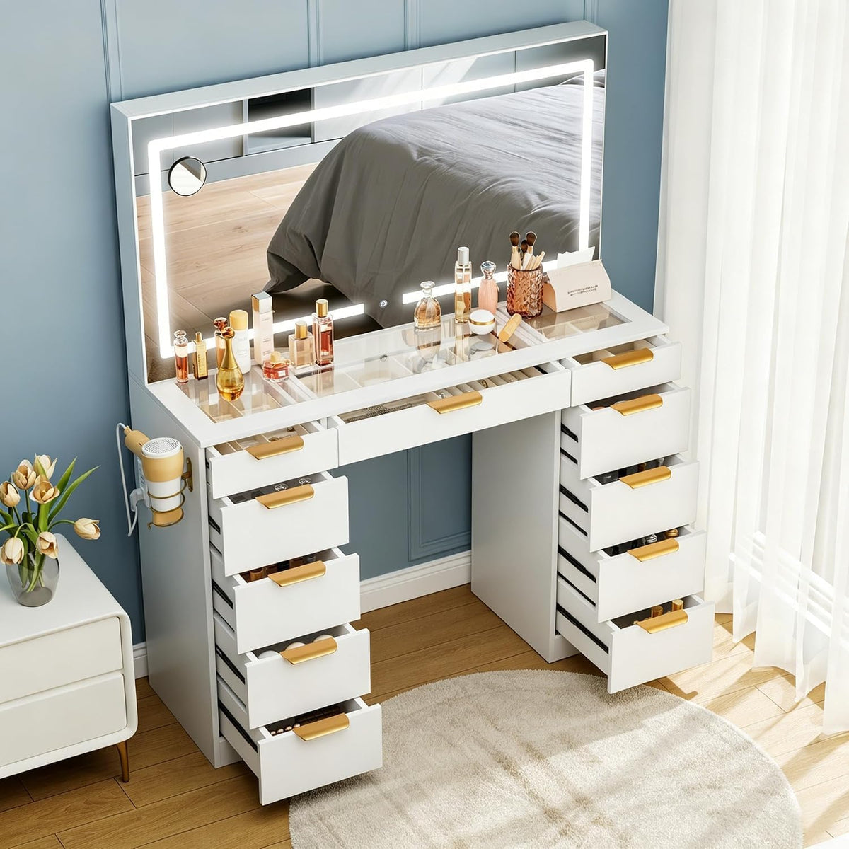 Pamapic Glass Top Vanity Desk with Mirror and Lights, 11 Drawers Makeup Vanity with Charging Station, Golden Handles Dressing Table, 3 Lighting Modes Makeup Table, White
