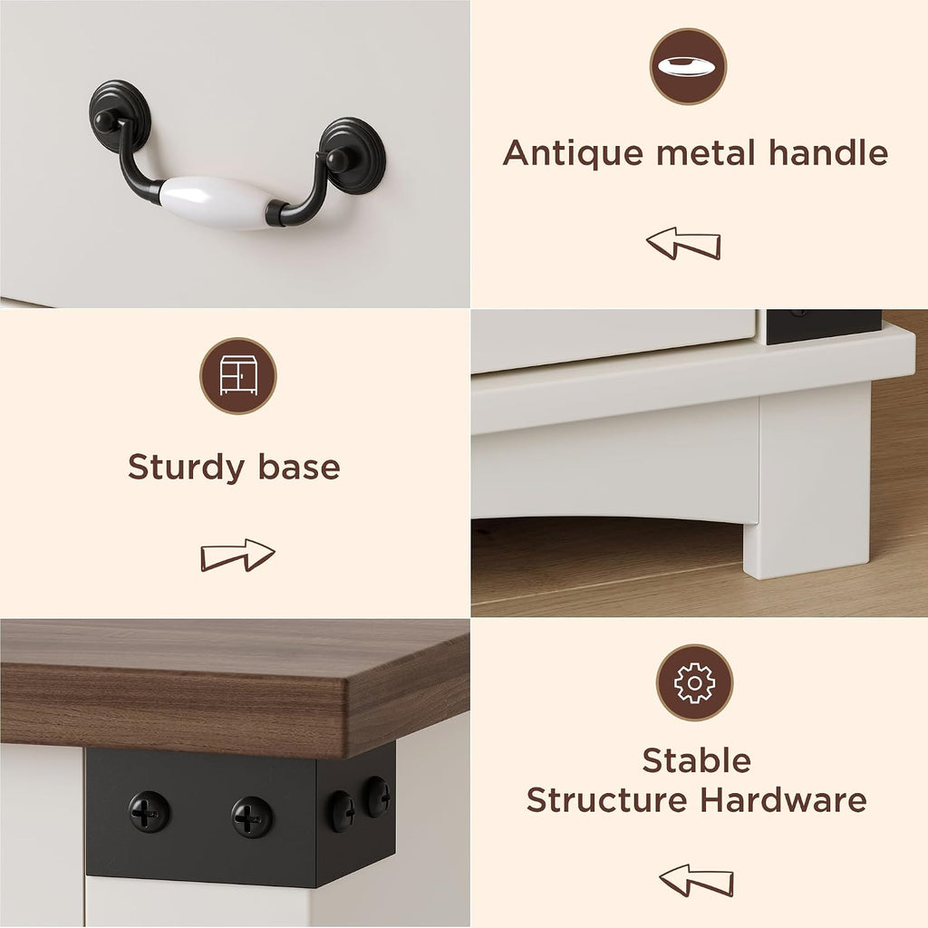Maupvit Farmhouse Night Stand with Charger Station & Ceramic Handle, Wood Nightstand with 2 Storage Drawers, LED Bedroom Nightstand, Bedside Tables, Antique White