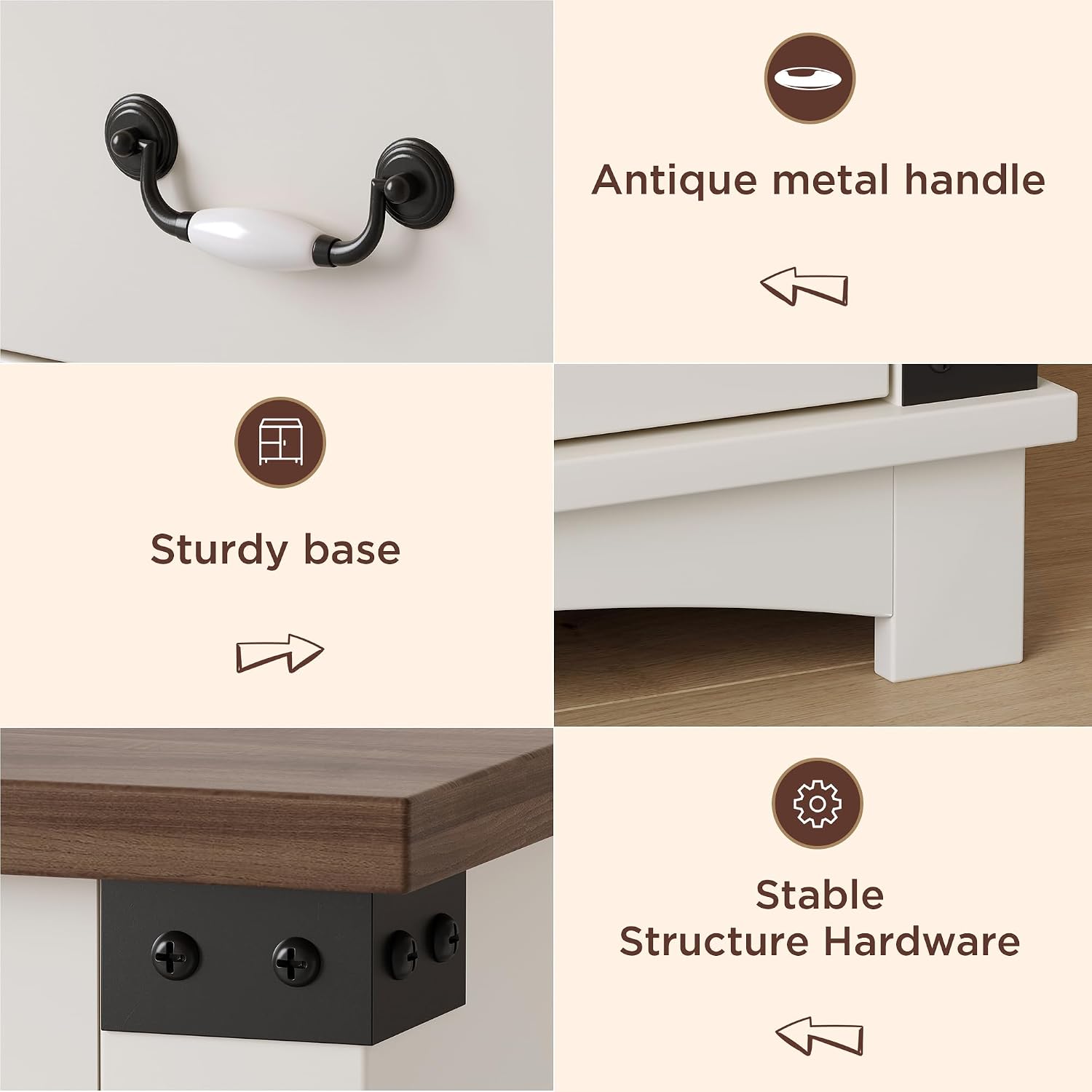 Maupvit Farmhouse Night Stand with Charger Station & Ceramic Handle, Wood Nightstand with 2 Storage Drawers, LED Bedroom Nightstand, Bedside Tables, Antique White
