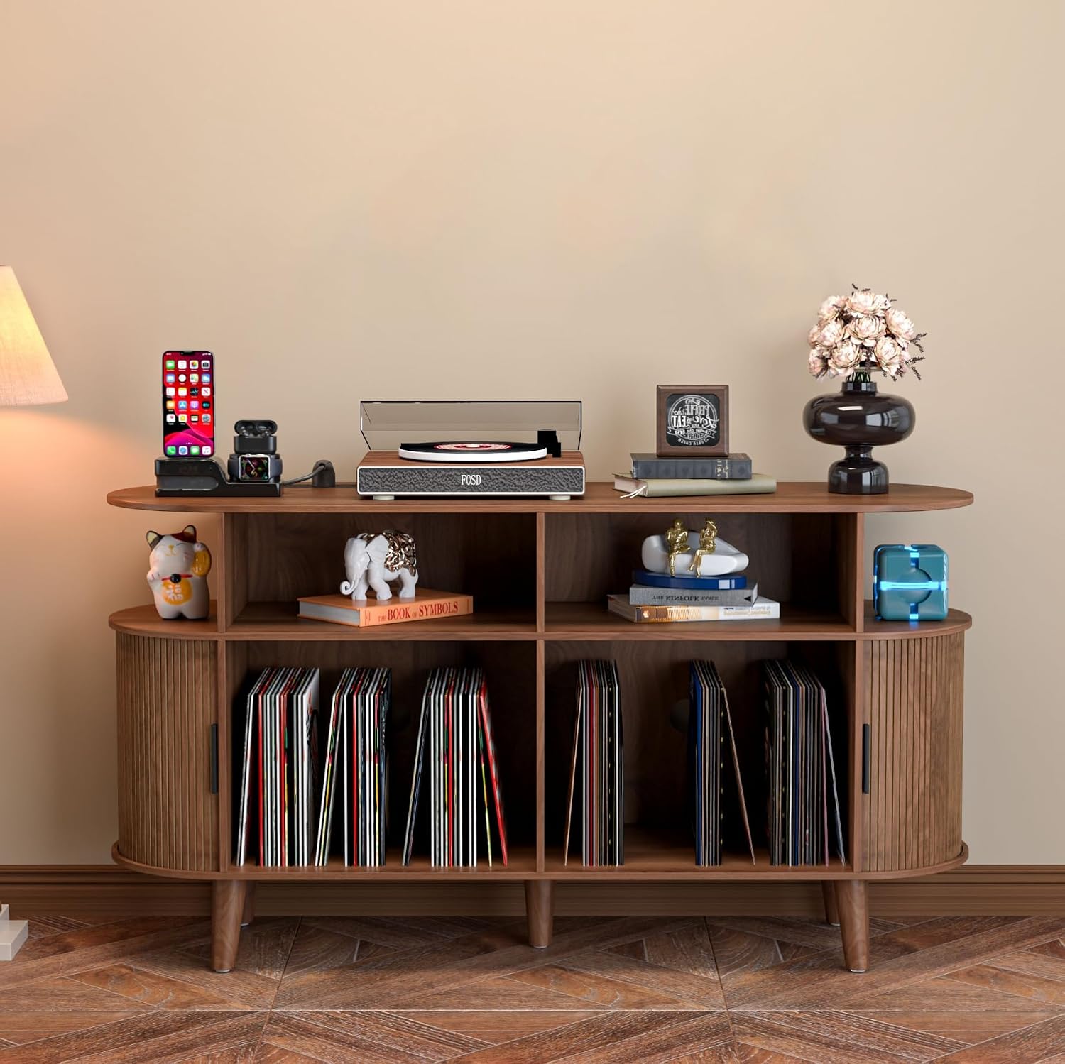 LUVIOHOME Large Round Record Player Stand with Charging Station & USB Ports | Record Storage Cabinet, Mid Century Modern Turntable Stand for Bedroom Living Room