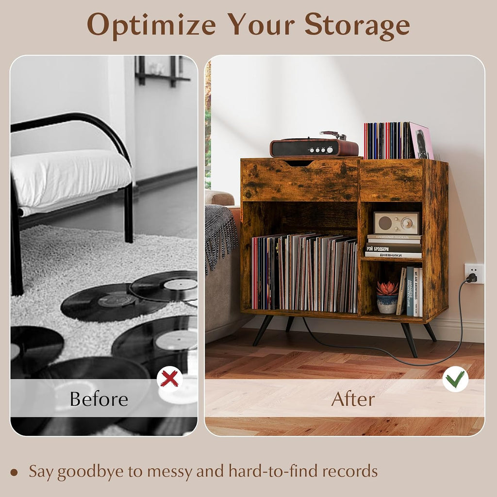 LOKO Record Player Stand with Charging Station, Vinyl Record Holder with Removable Divider, Industrial Turntable Display Stand, Record Storage Table Cabinet for Living Room, Bedroom, Rustic Brown