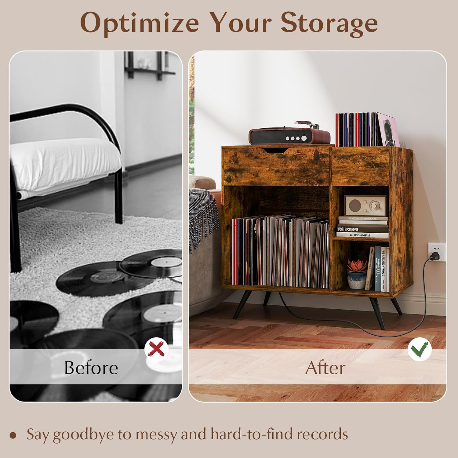 LOKO Record Player Stand with Charging Station, Vinyl Record Holder with Removable Divider, Industrial Turntable Display Stand, Record Storage Table Cabinet for Living Room, Bedroom, Rustic Brown