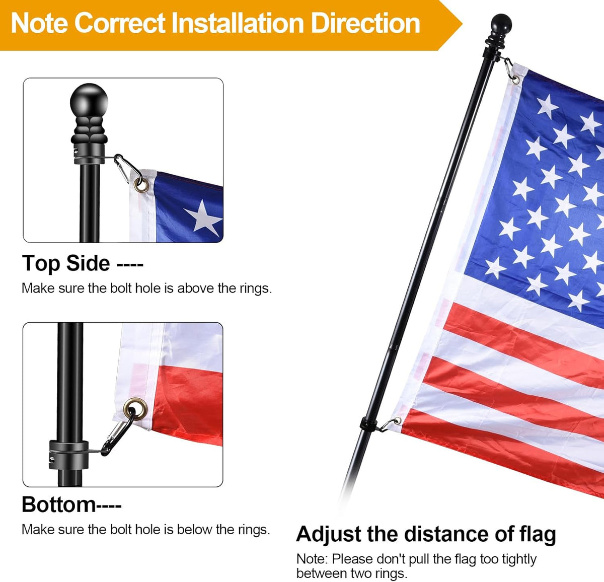 Flag Pole Rings, 1" Spinning Flagpole Ring Clips, 2 Pcs Aluminum Alloy & Steel 360° Rotating Anti Wrap Flag Mounting Rings with Snap Carabiners for 0.75-1.02 Inch Diamete Flagpole (Φ1, Black)