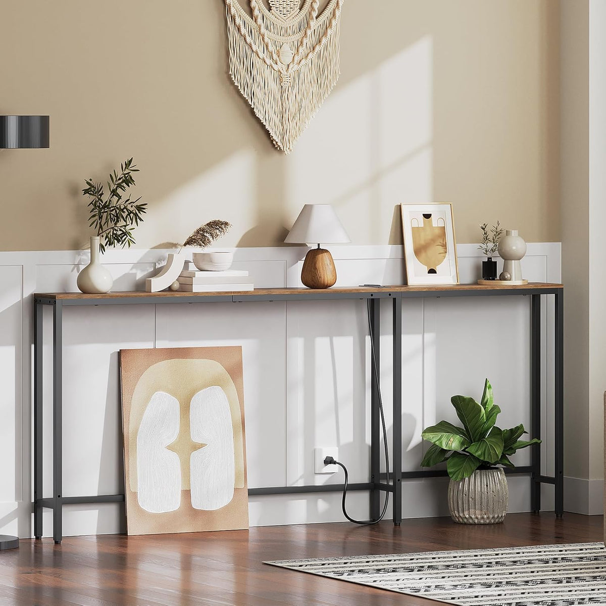 YATINEY Narrow Console Table with Outlets, 70.9" Sofa Table Narrow Long, L Shaped Behind Couch Entryway Table with Charging Station, for Living Room, Hallway, 3 Assembly Options, Rustic Brown CT07UBR