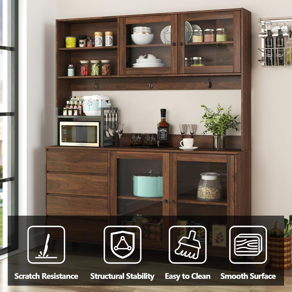 63” Kitchen Pantry Cabinet with Microwave Shelf & Countertop, Freestanding Storage Kitchen Hutch with Drawers & Glass Doors for Dining Room, Wooden Structure, Modern (Walnut)