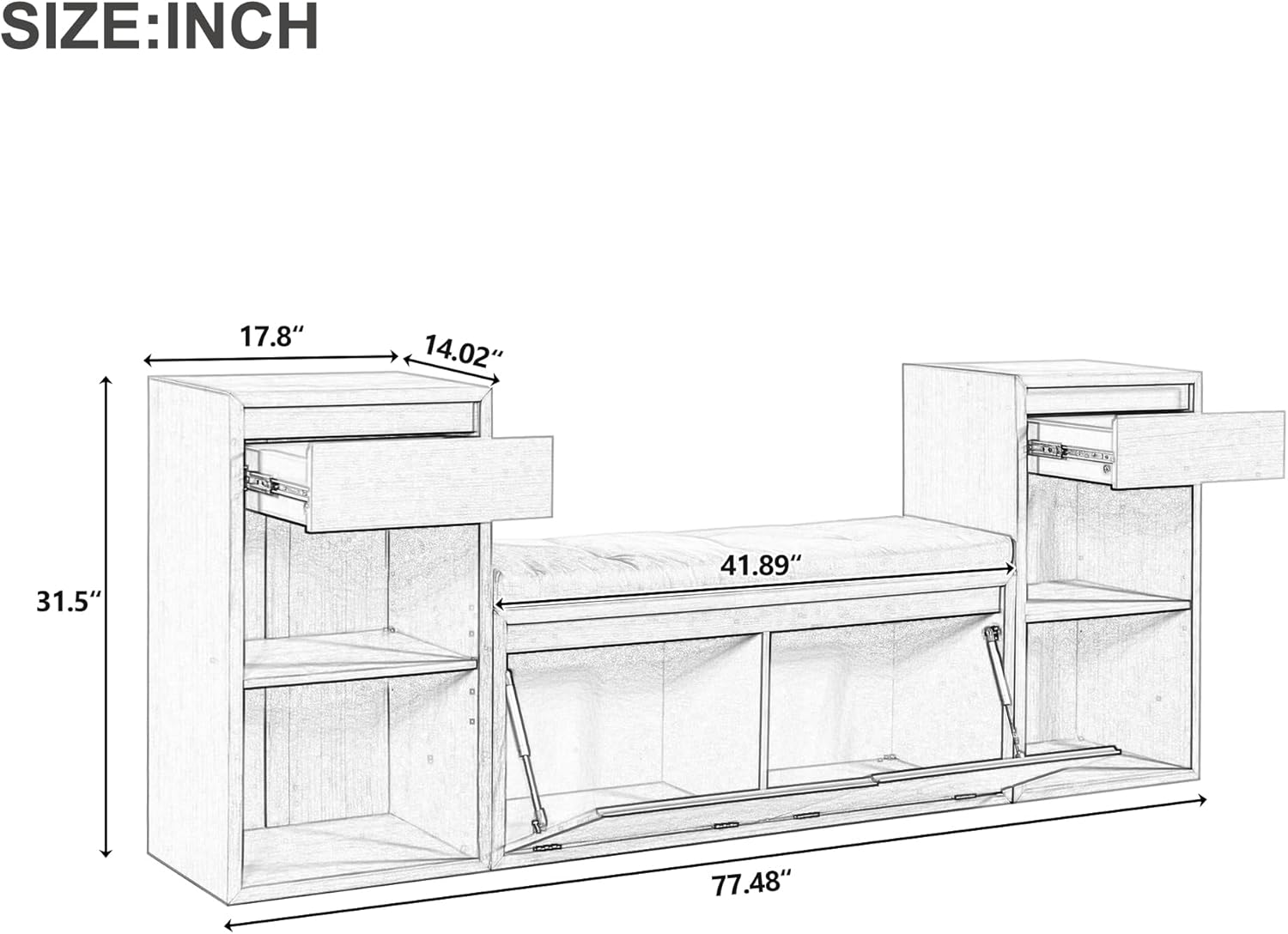 All in One Entryway Shoe Storage Bench with Cushion, Compartments, Drawers, Open Shelves for Hallway, Mudroom, Living Room Antique Navy