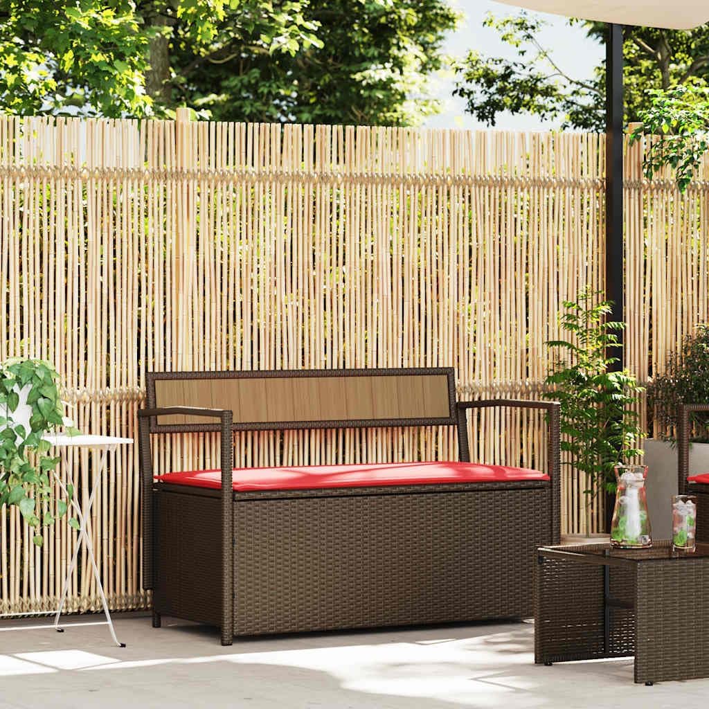 Brown Poly Rattan Patio Storage Bench with Cushion, Outdoor Seat with Waterproof Storage Bag and Gas Spring Lid