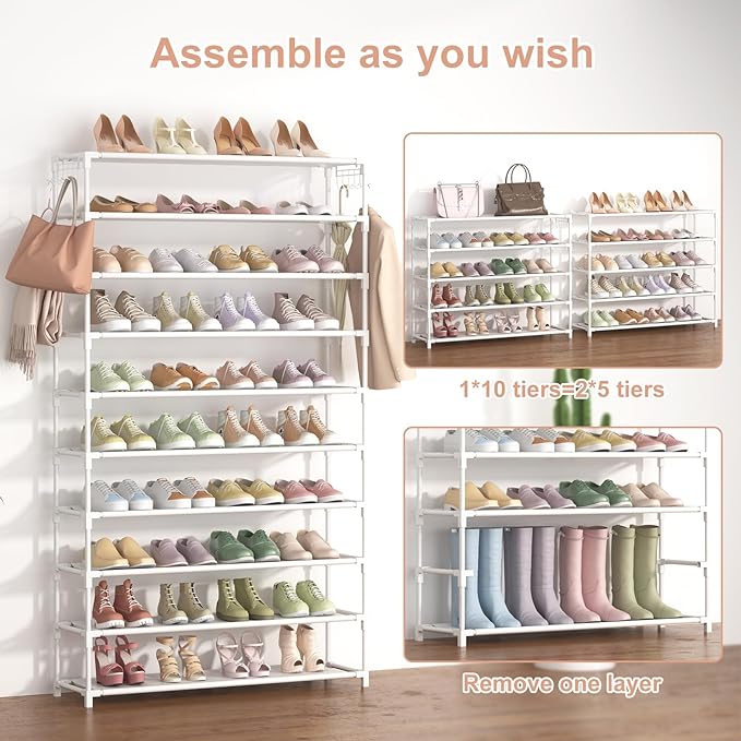 10 Tiers Shoe Rack 50 Pairs Large Capacity Tall Shoe Organizer Sturdy Shoe Storage with Two Hooks Space Saving Metal Wide Shoe Rack for Closet, Entryway, Bedroom, White