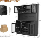 IPKIG 71" Kitchen Pantry Cabinet with Charging Station, Kitchen Hutch Storage Cabinet with LED Lights, Pantry Organizers and Storage with Anti-Tip Device for Dining Room, Black