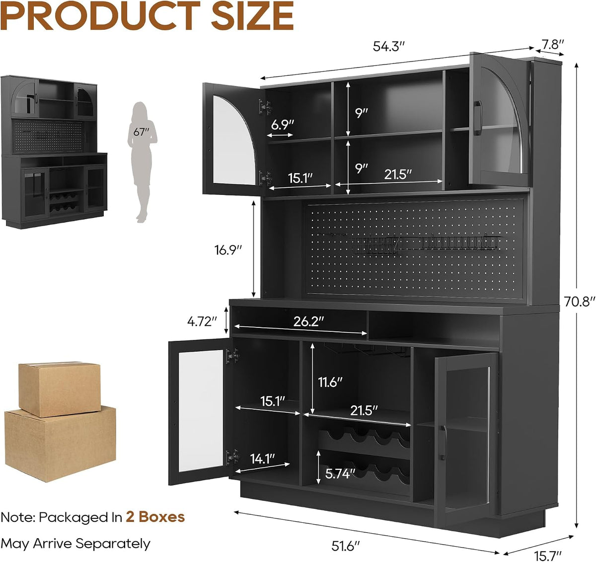 IPKIG 71" Kitchen Pantry Cabinet with Charging Station, Kitchen Hutch Storage Cabinet with LED Lights, Pantry Organizers and Storage with Anti-Tip Device for Dining Room, Black