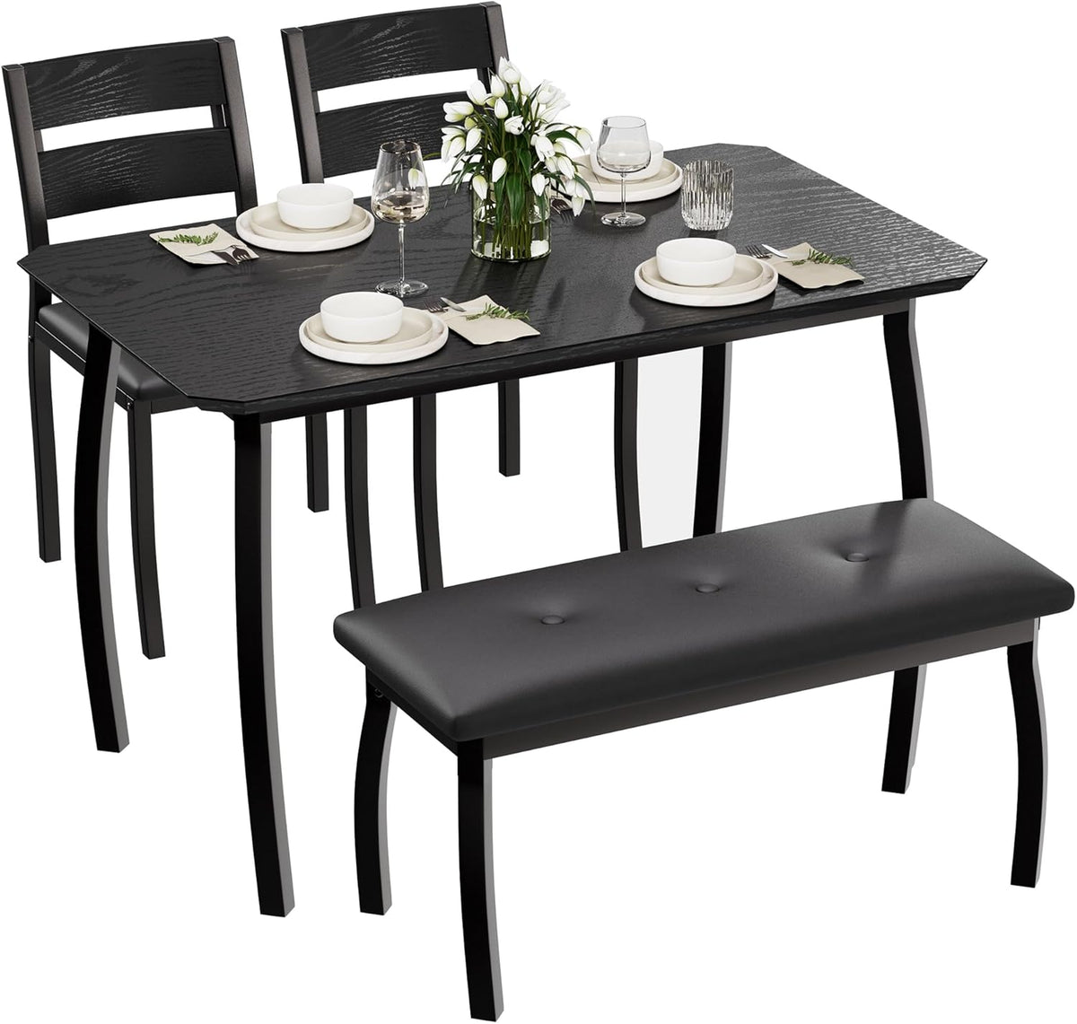 Dining Table Set for 4, 3-Piece Wooden Kitchen Table with 2 Upholstered Benches, Space-Saving Dinette Set for Restaurant, Studio, Dining Room, Home Kitchen, Gray (Black, 2 Chairs + 1 Bench)