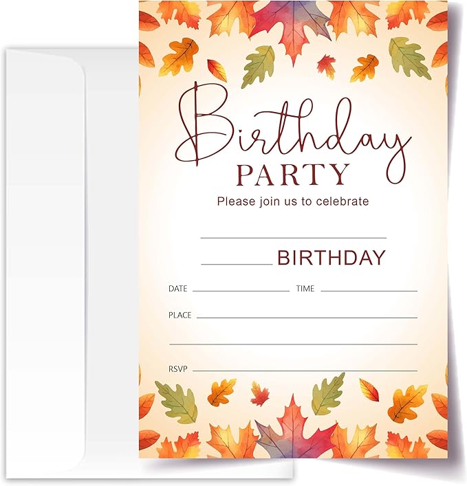 Fall Birthday Invitation Cards with Envelopes Pack of 20 (4"x6") - Leaf Autumn Themed Birthday Party Invitations.(159)