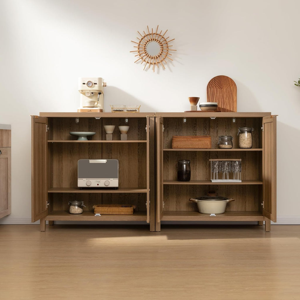 SICOTAS Sideboard Buffet Cabinet with Large Storage - Boho Rattan Credenza Coffee Bar Cabinets with Adjustable Shelves, Buffet Console Table for Kitchen Living Room Hallway - Oak