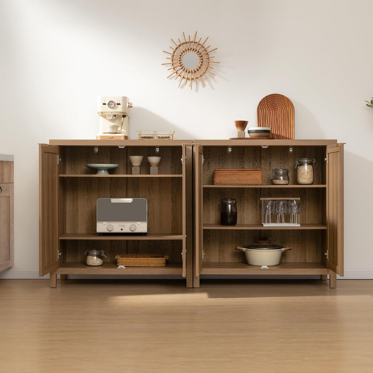 SICOTAS Sideboard Buffet Cabinet with Large Storage - Boho Rattan Credenza Coffee Bar Cabinets with Adjustable Shelves, Buffet Console Table for Kitchen Living Room Hallway - Oak
