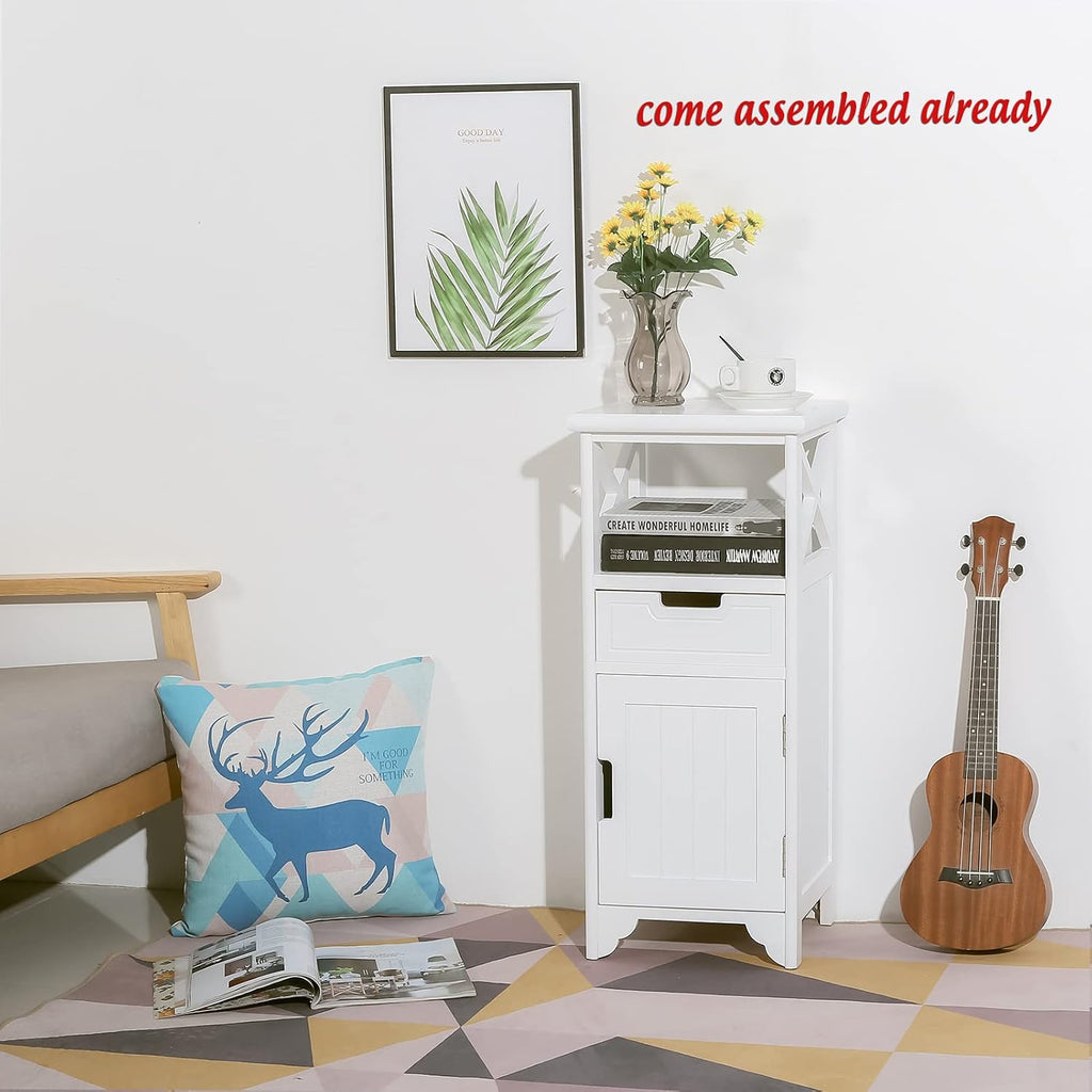 30" High Fully Assembled Nightstand with Drawer and Doors,Solid Wood,White | 30Inch Height Pre-Assembled Side End Table, No Assembly Bathroom Cabinet, Open Shelf, Slim Floor Standing Storage Cabinet