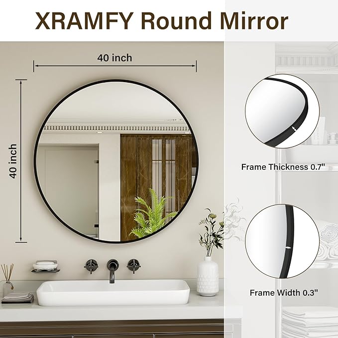 40 Inch Round Mirror - Circle Mirrors for Bathroom, Entryway and Living Room Wall Decor, Modern Hanging Vanity Mirror, Matte Black Circle Decorative Wall Mirror