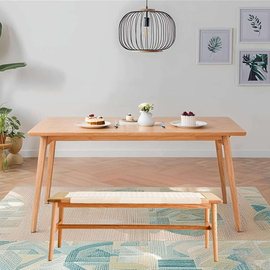 Solid Wood Entryway Bench, 43.31" Wooden Dining Bench, End of Bed Benches w/Hand-Woven Rope Seat for Bedroom, Kitchen Dining Room, Living Room, Entry Décor (White Rope)