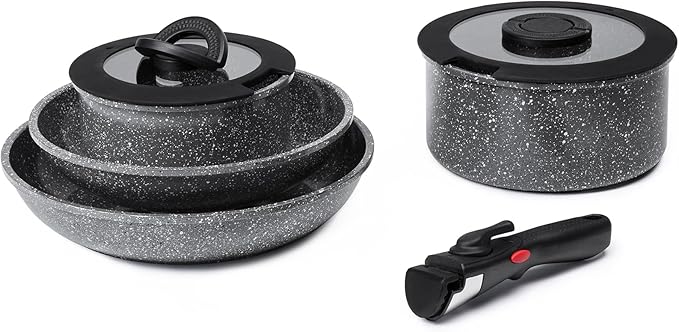 7pcs Pots and Pans Set Non Stick from France, Ceramic Cookware Set with Removable Handle, Induction RV Kitchen Cookware Set, Stackable, PFOA and PFAS Free, Oven Safe, Black Granite
