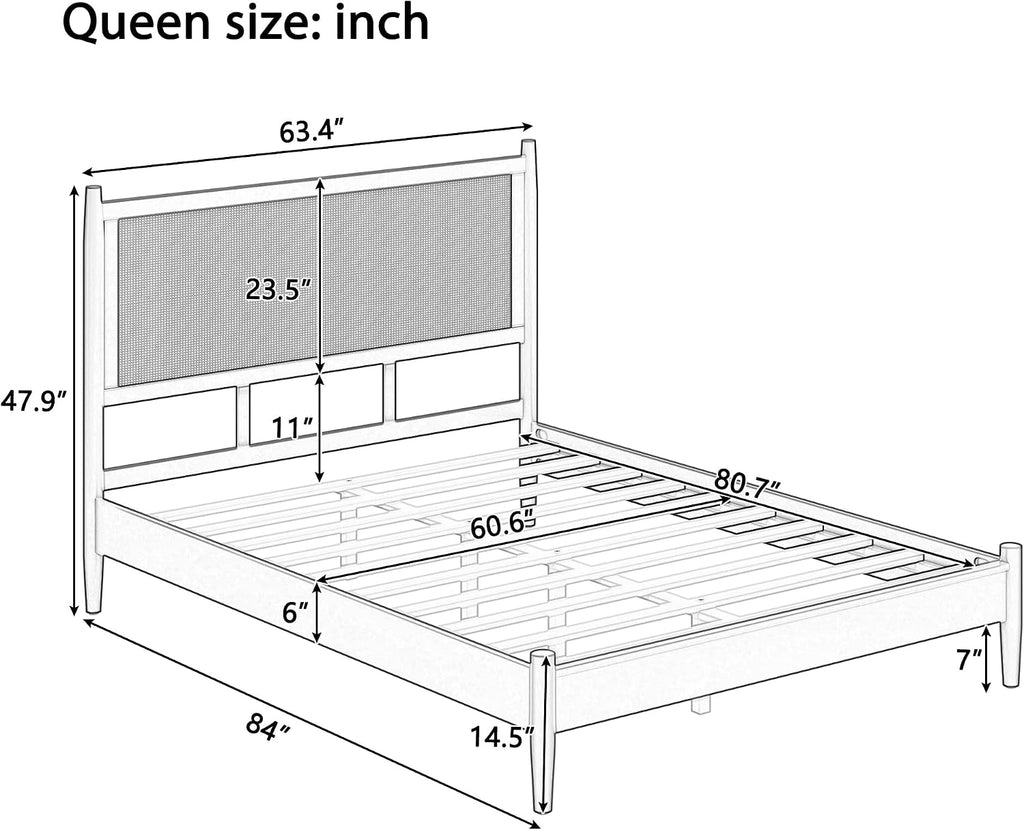 Merax Black Queen Size Platform Bed Frame with Rattan Headboard