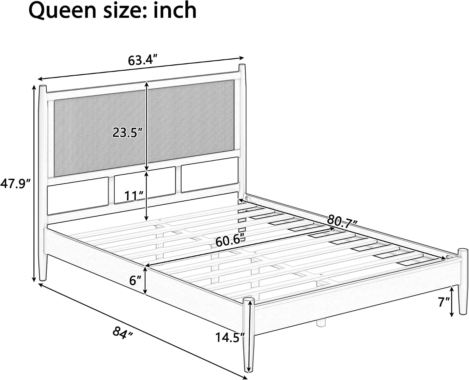 Merax Black Queen Size Platform Bed Frame with Rattan Headboard