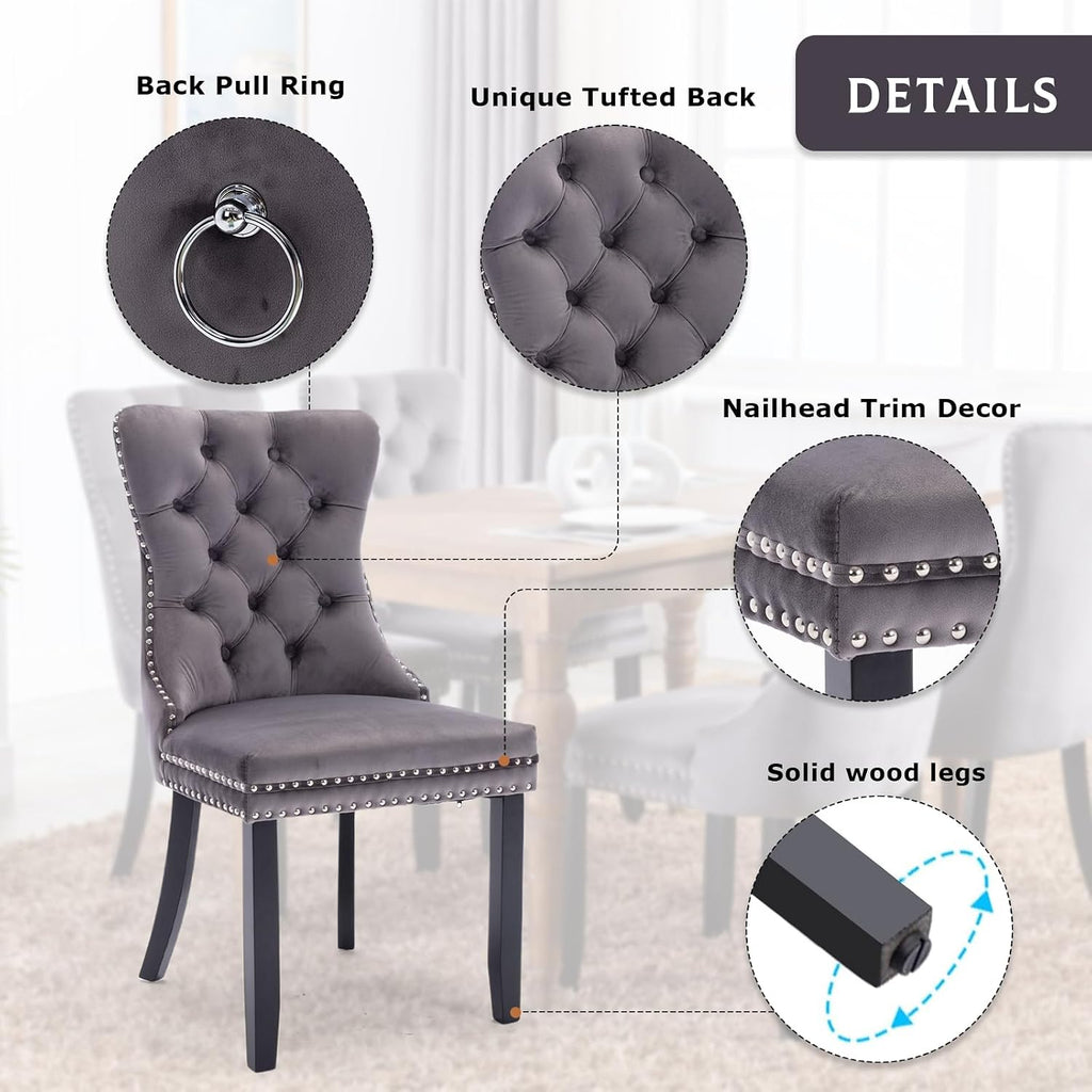 Velvet Dining Chairs Set of 2,Upholstered Dining Room Chairs with Ring Pull Trim&Solid Wood Legs,Farmhouse Tufted Kitchen Chairs with Nailhead,Grey