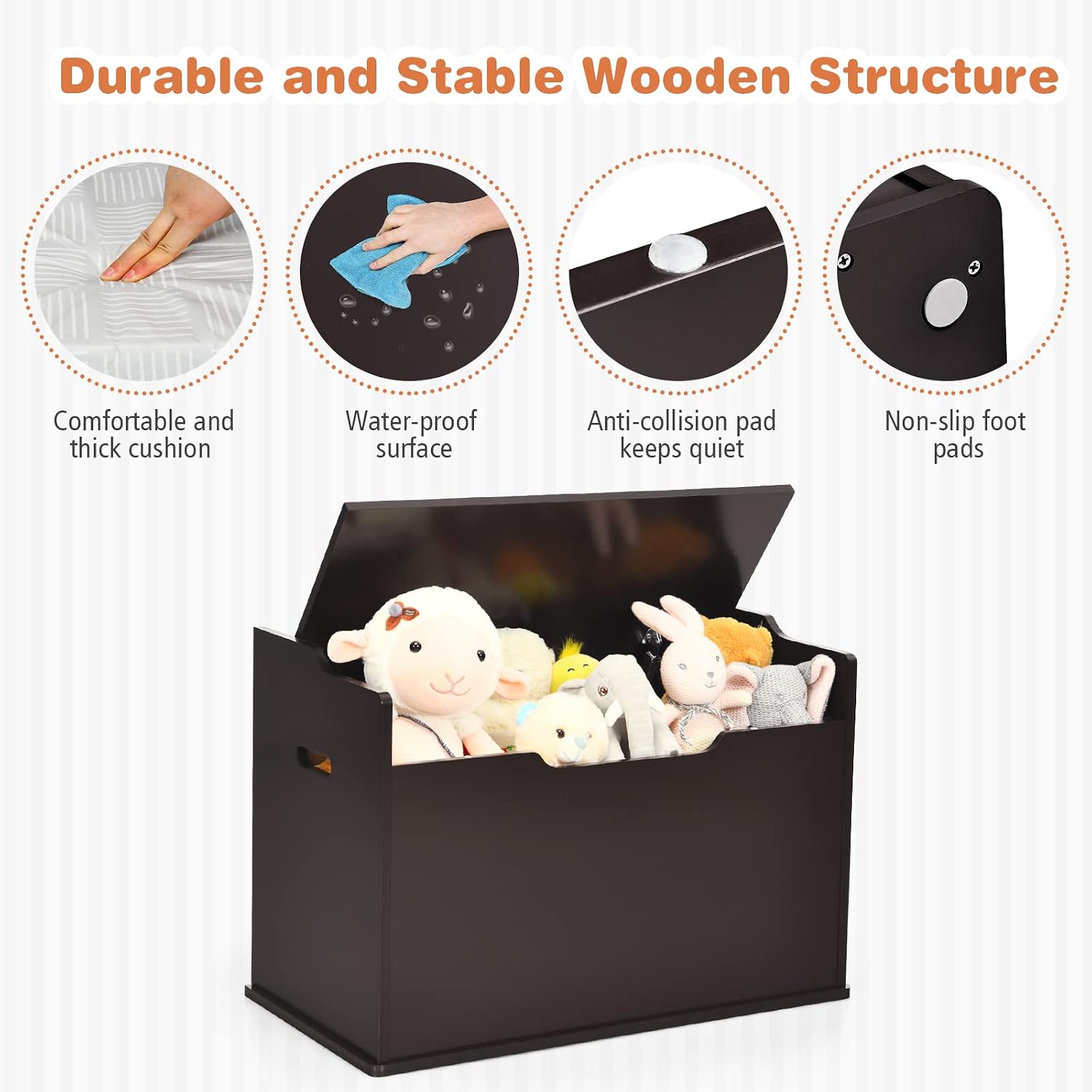 Costzon Modern Espresso Wooden Toy Chest with Bench Seat, Toy Storage Trunk Case, Finger-Pinch Prevention, Lift-Top Foot Rest Seat for Toddler Bedroom Playroom Entry