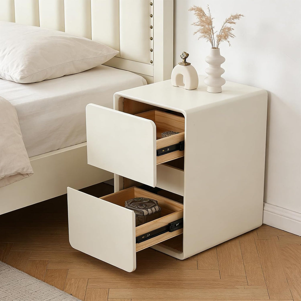 Modern Bedside Table, Minimalist Nightstand Small Narrow Side Table with 2 Drawers for Bedroom Living Room Small Space White