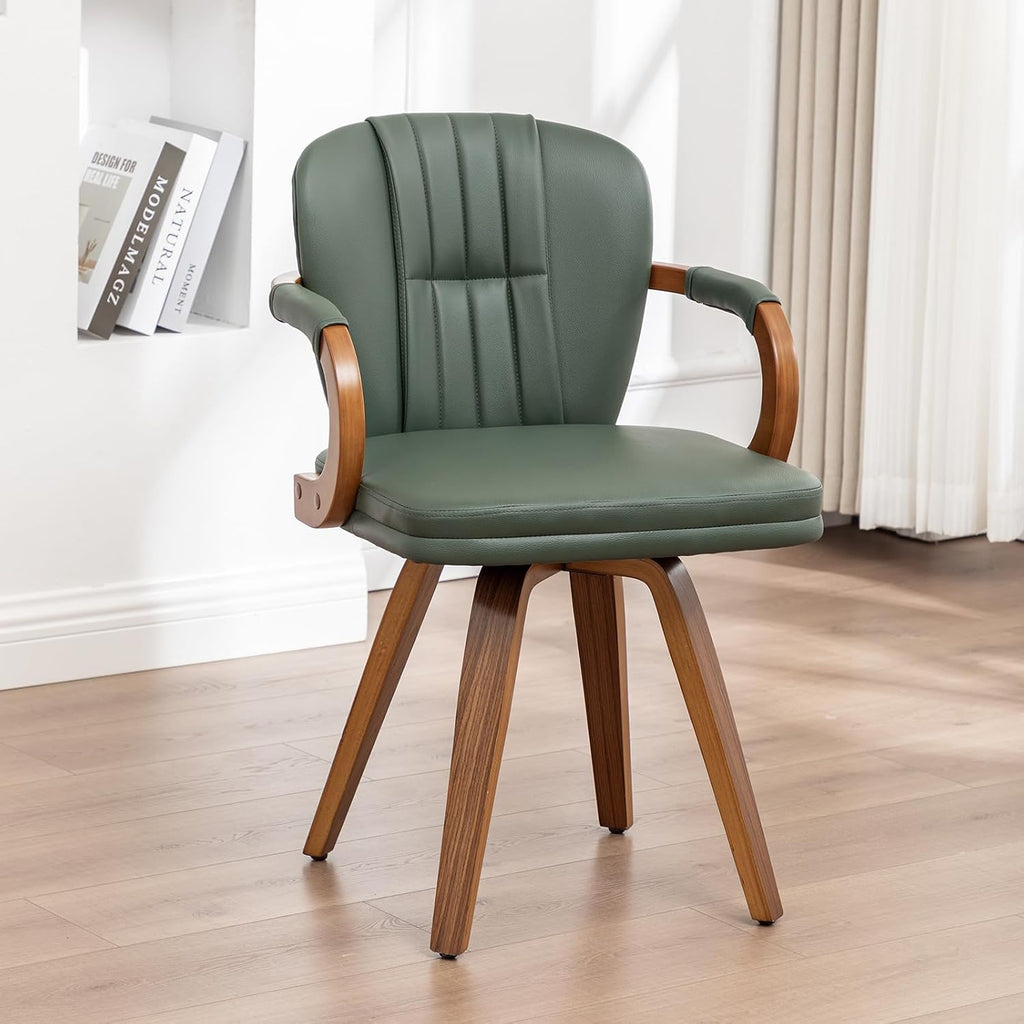 Swivel Dining Chairs Mid Century Modern Green Faux Leather Upholstered Kitchen Chairs with Bentwood Frame Armrests Side Chairs,Comfortable Ergonomic Wood Accent Chair No Wheels,1PCS