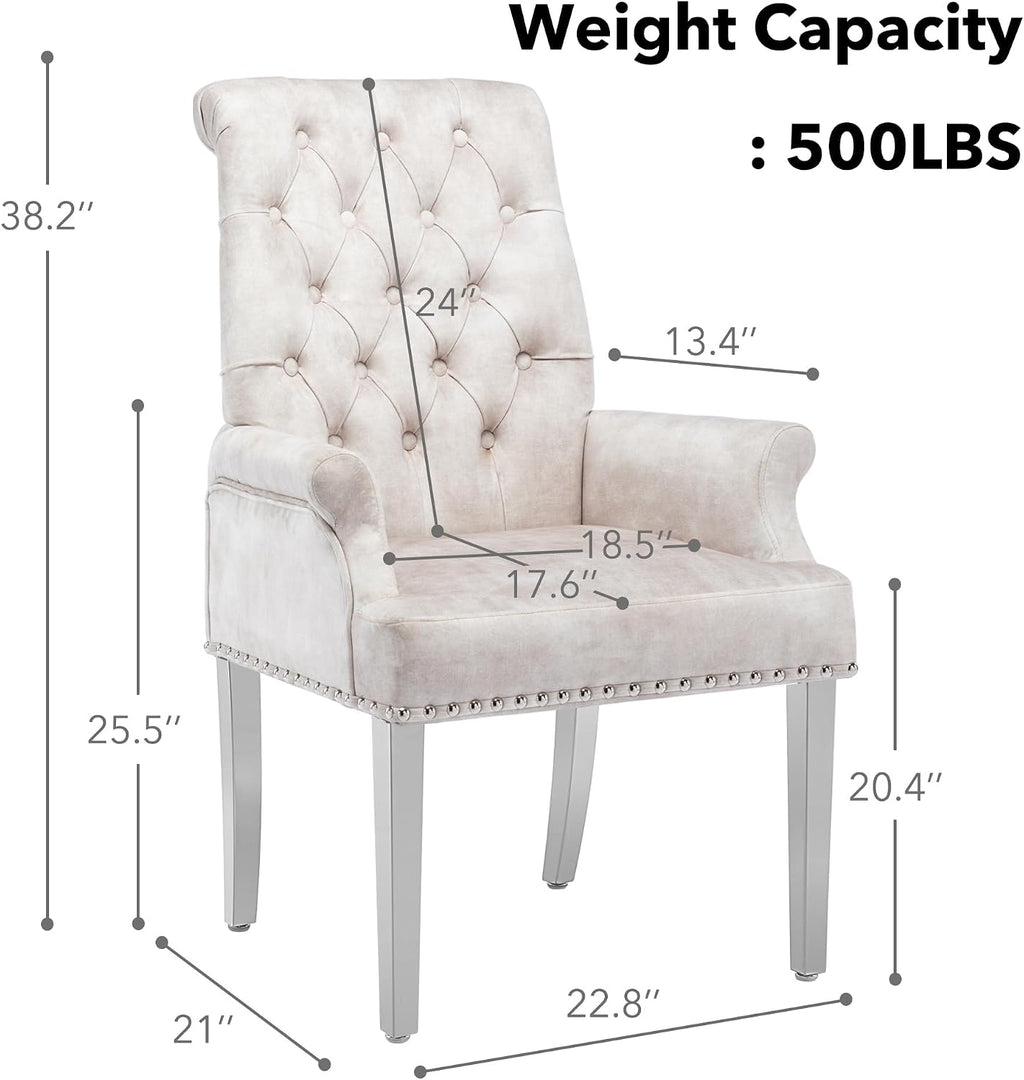 LOULENS Tufted Velvet Armrest Dining Chairs, Modern Upholstered Chairs with Stainless Steel Legs for Dining Room, Kitchen, Living Room, Bedroom, Beige