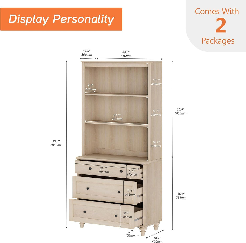 WAMPAT 72'' Tall Kitchen Pantry Cabinet with Storage, 34'' Wide Dining Hutch with Drawers and Adjustable Shleves, Farmhouse Pantry Storage for Home Decor, Living Room, Home Office, Light Oak