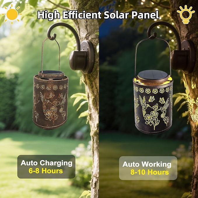 Upgraded Solar Hummingbird Lights for Outside Garden Decor Gifts for Women Mom Grandma, Metal Hanging Solar Lanterns Outdoor Waterproof with Copper Finish Lantern for Patio, Yard, Porch, Pathway