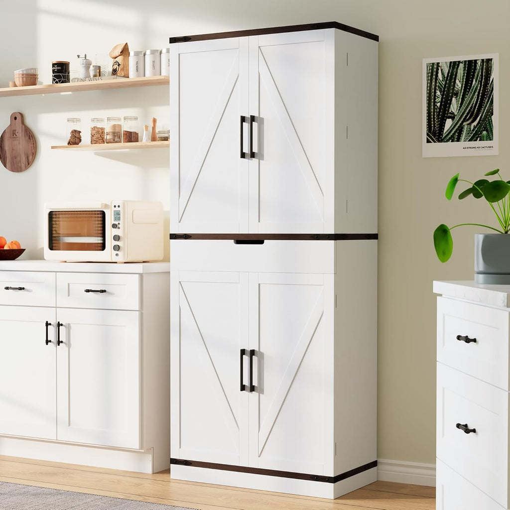 GRUSIGN 72" Kitchen Pantry Storage Cabinet with Doors and Shelves, Wood Farmhouse Pantry Storage with Barn Doors for Kitchen, Dining Room, Living Room