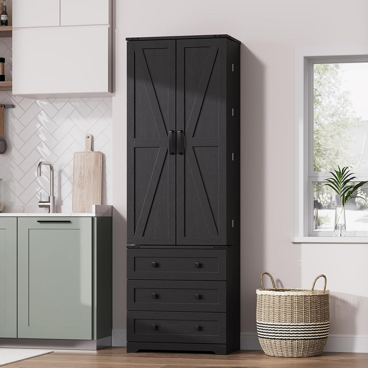 72" Farmhouse Pantry Cabinet, Large Wood Kitchen Storage Cabinet with 2 Sliding Barn Doors & 3 Drawers, Adjustable Shelves, Particle Board for Dining Room, Bathroom, Living Room (Black)