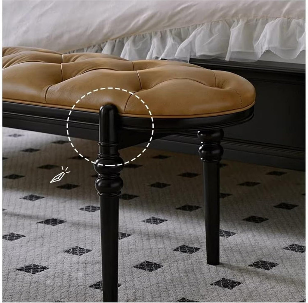 Modern Upholstered Bedroom Benches with Black Legs Genuine Leather Bench for Entryway Dining Room Living End of Bed, Yellowish Brown Entryway
